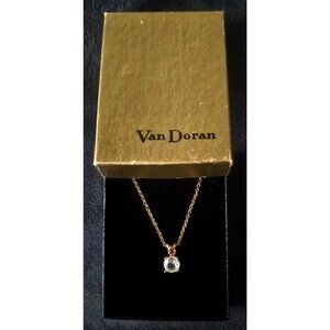 Vintage Van Doran Ruby & Crystal Pendant Necklace Gold Tone Original Box 18"